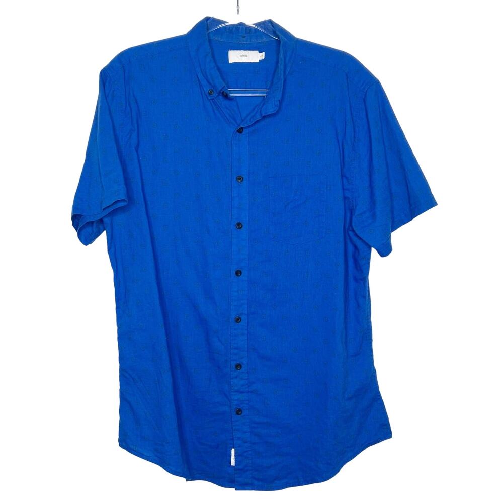 ONIA Men's Button Down Shirt Short Sleeve Linen Blend Pocket Printed Blue Size L